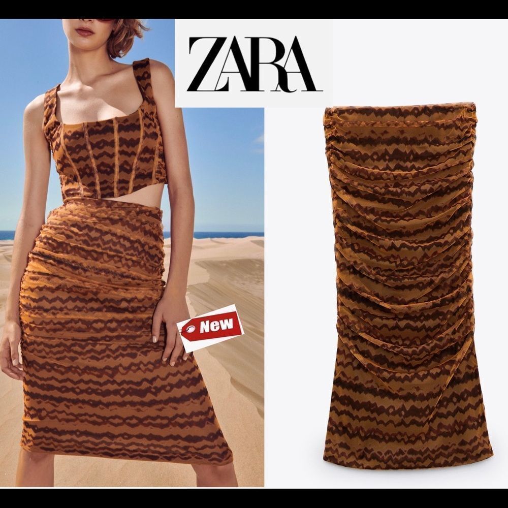 Zara bloggers fave Brown high waisted ruched draped tulle midi skirt Sz XS NWT